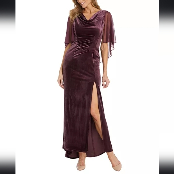 NWT R&M Richards Petite Chiffon-Cape Cowlneck Velvet Gown in Wine Size 4P - Picture 1 of 15